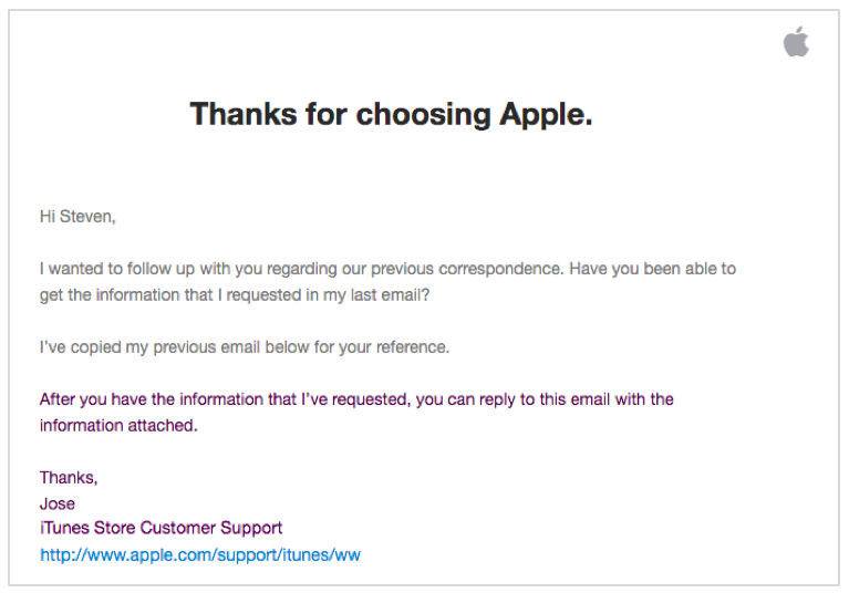 来自Apple的后续电子邮件的另一个示例