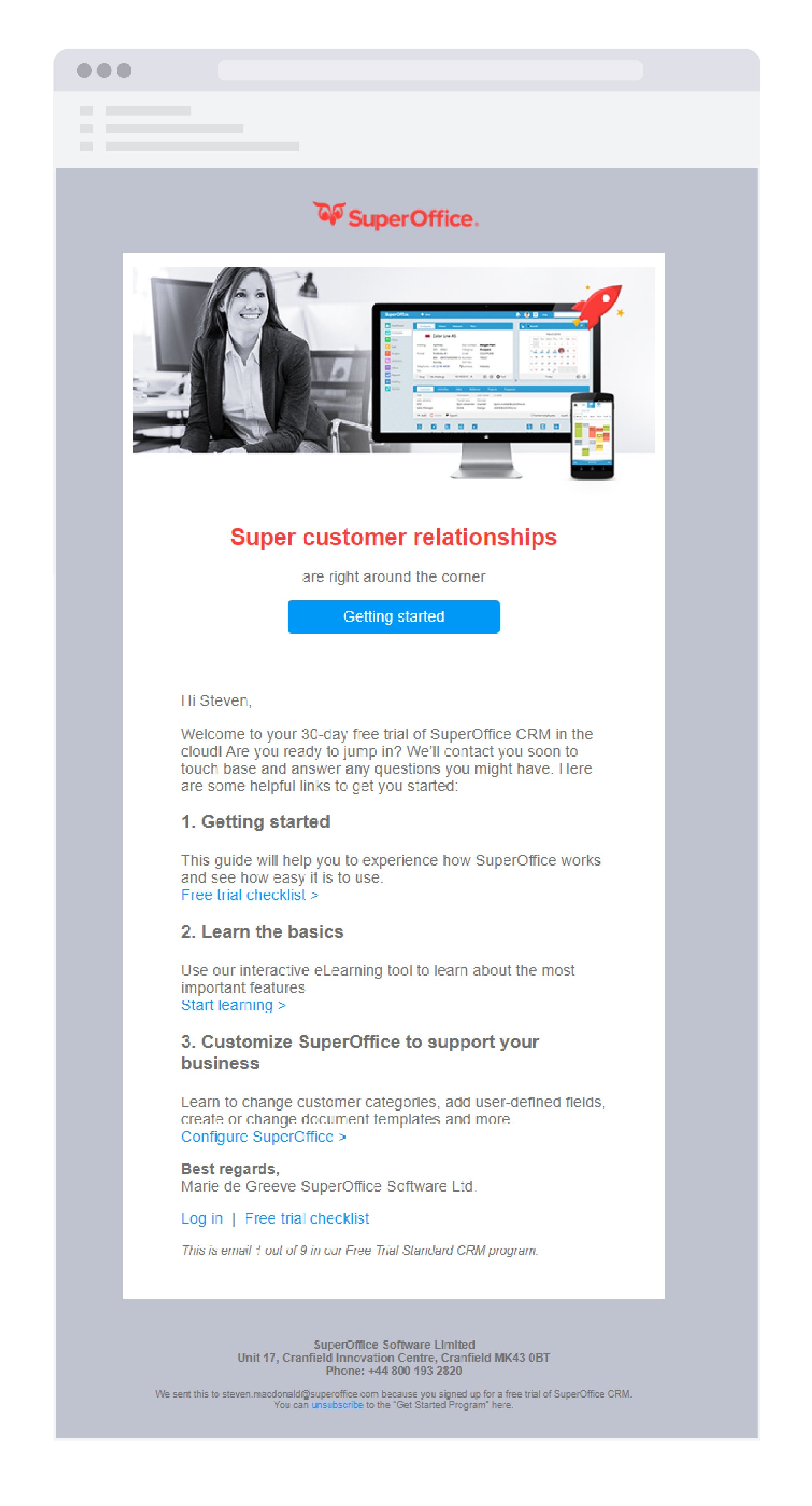 Free trial welcome email sent via customer service software