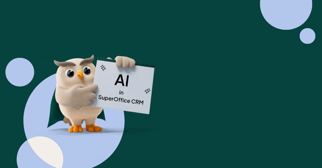 SuperOffice mascot Hugo holding a banner that says "AI in SuperOffice"