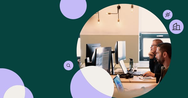 Brand illustration with picture of two men working in office
