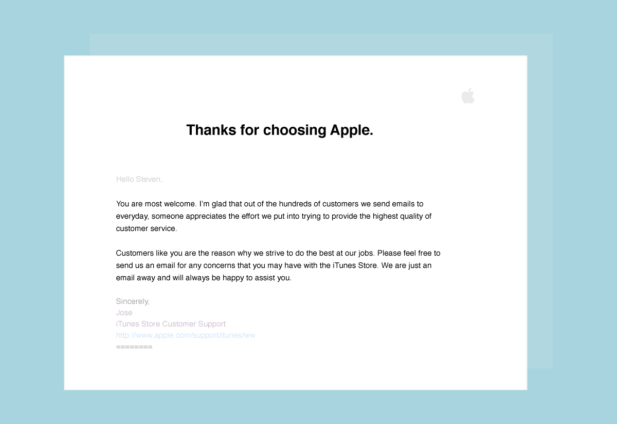Follow up email example from Apple