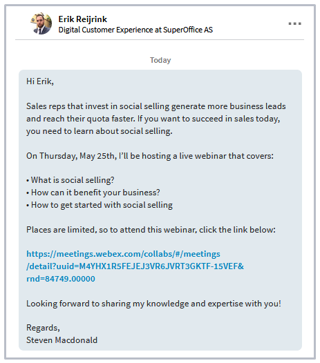 Linkedin invite for social selling webinar