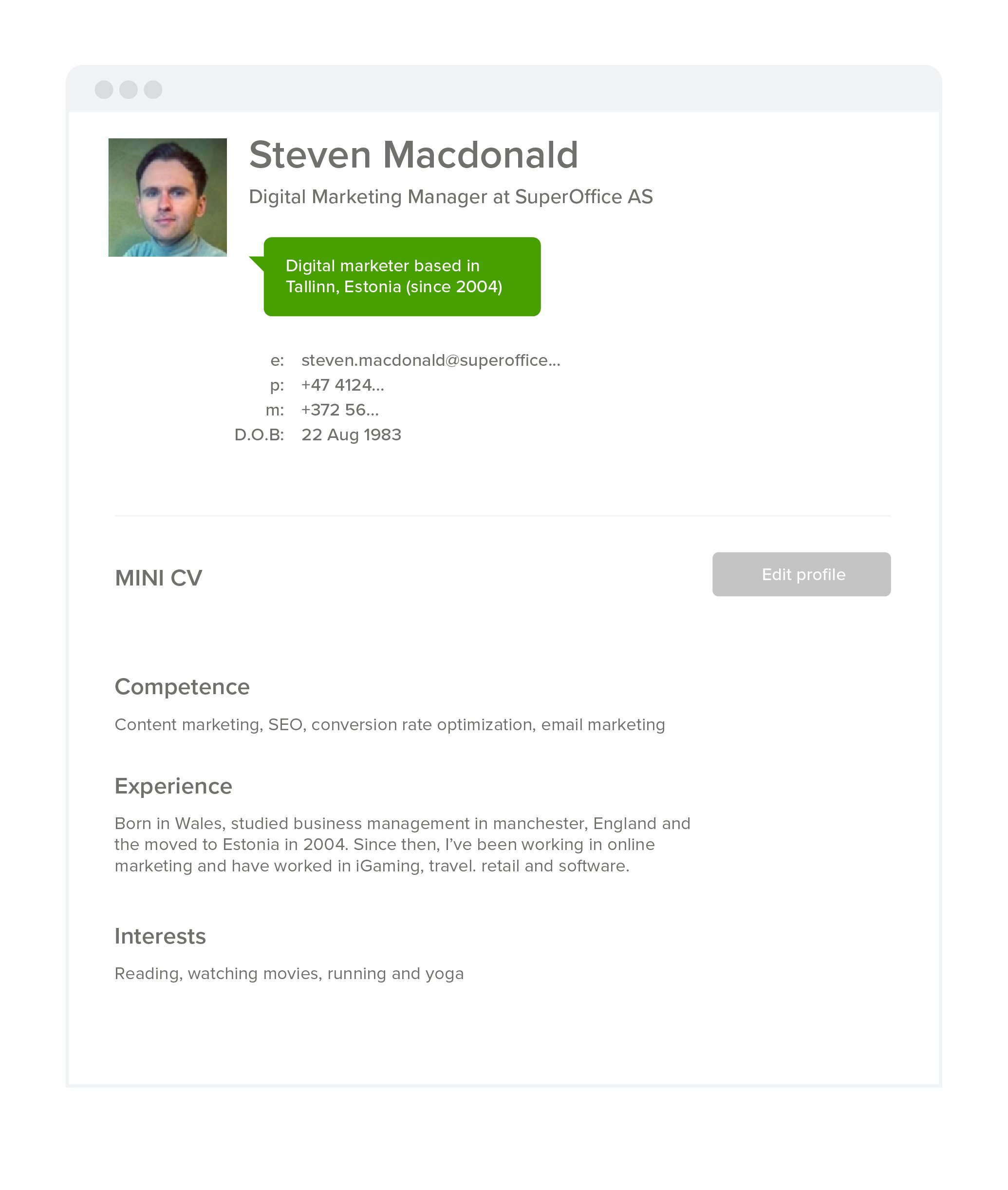 about me profile on company intranet