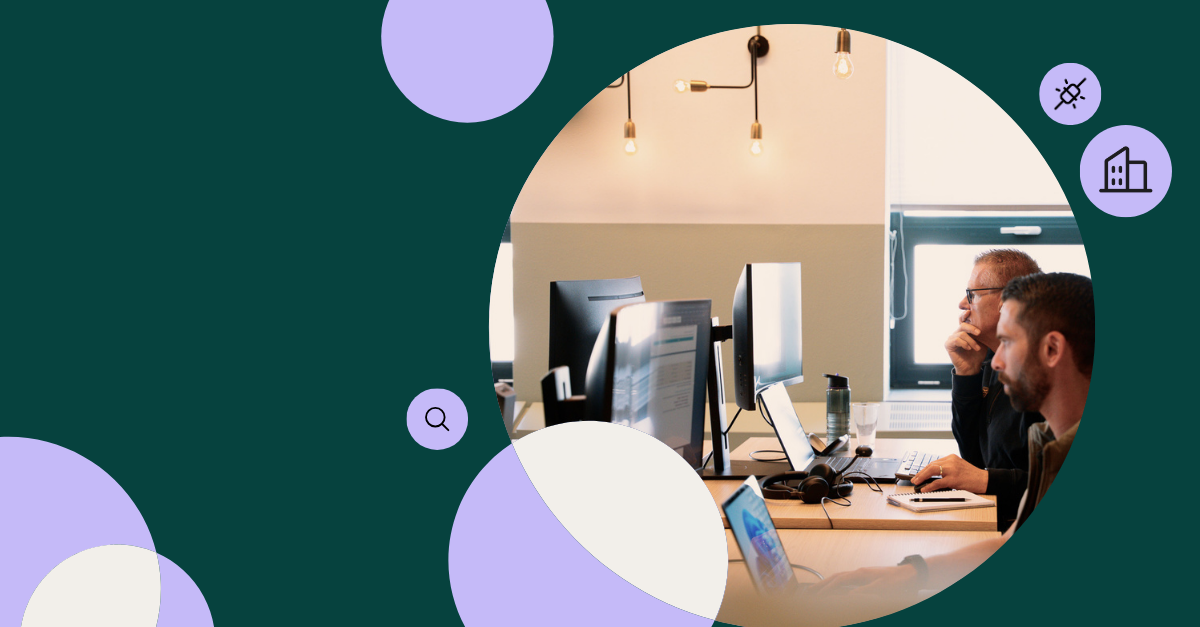 Brand illustration with picture of two men working in office