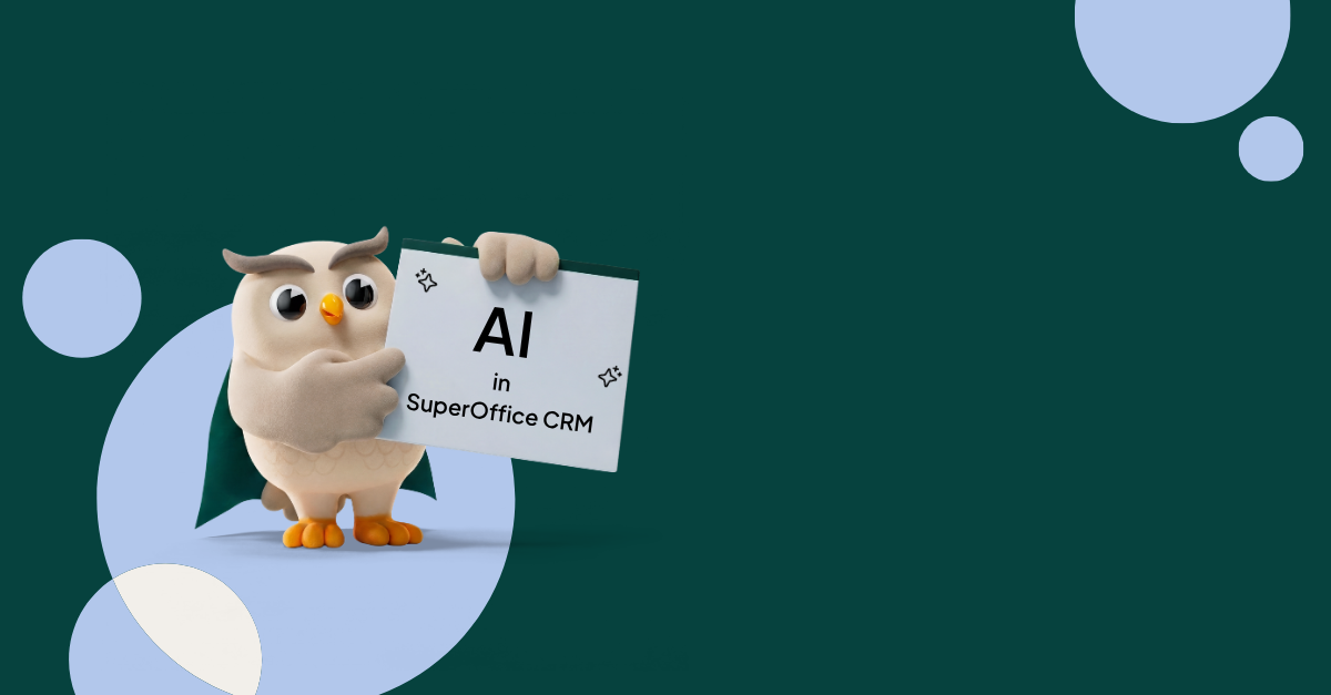 SuperOffice mascot Hugo holding a banner that says "AI in SuperOffice"