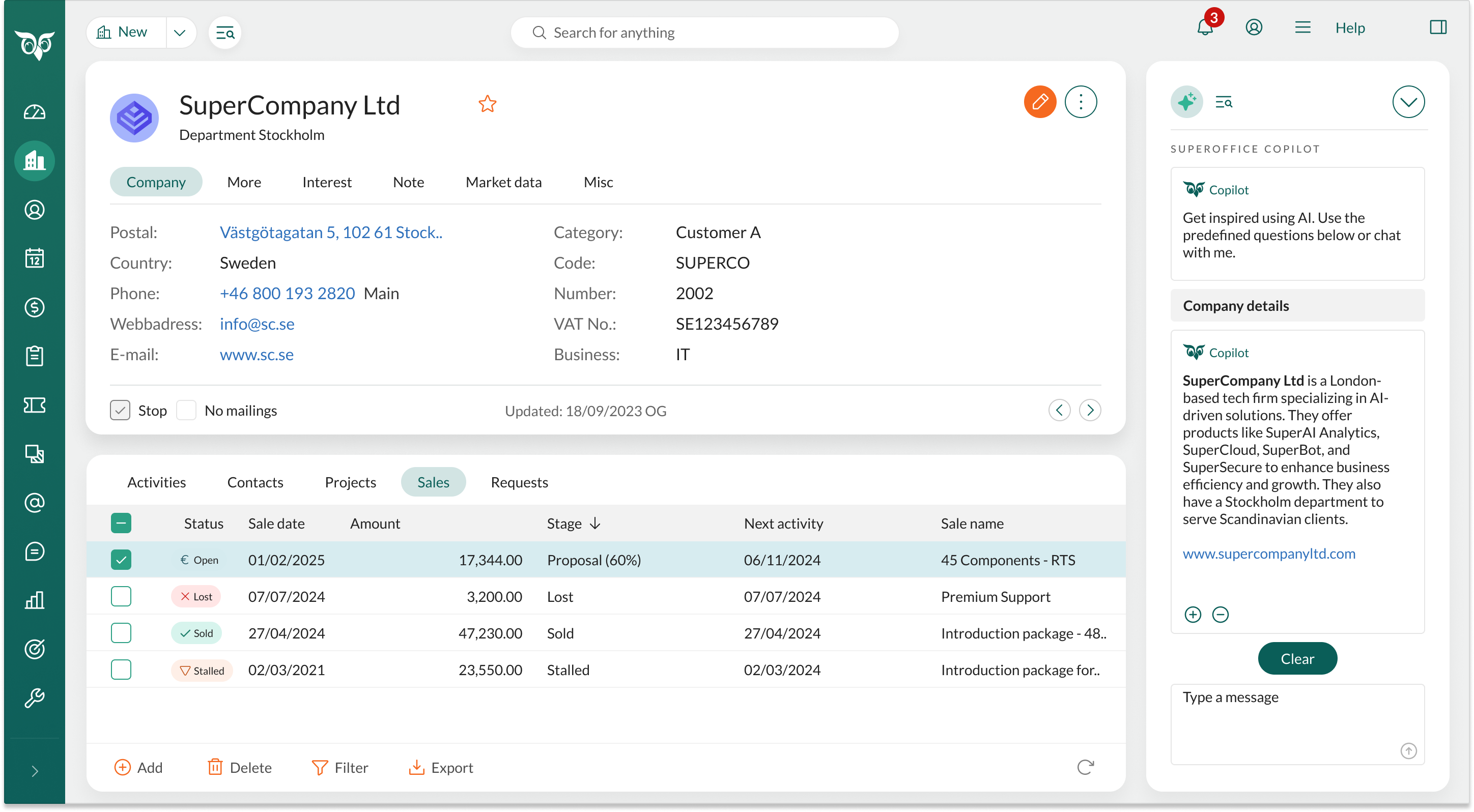 SuperOffice company card with Copilot/AI